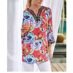 Soft Surroundings Hidden Villa Tunic Linen Exotic Floral Embroidered Size M